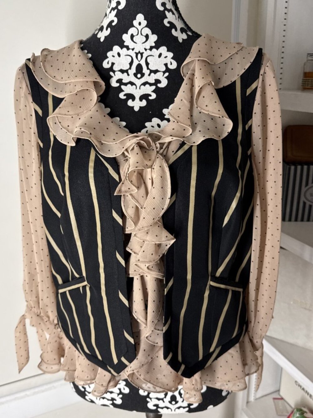 ECI New York Y2K Vest Blouse sheer blouse size 10 striped vest Pockets Retro